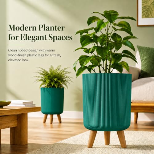 Image of Eightiz Store Modern Green Flower Pot with Plastic Legs | Indoor Outdoor Planter for Home Garden Balcony Decor Ribbed Design Sturdy Plastic Mid-Century Style (Green, Pack of 2)