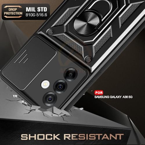Image of Armor Bumper Back Cover Case for Samsung Galaxy A36 5G Rotating Camera Cover, Ring Holder & Kickstand | Heavy Duty & 360 Degree Protection Samsung Galaxy A36 5G Back Cover (Black)