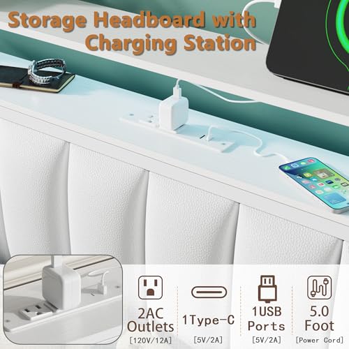 Image of Furnulem White Queen Bed Frame with Charging Station & Led Lights, PU Leather Upholstered Headboard with 2-Tier Storage Shelves, No Box Spring Needed, Metal Slat Support, Easy Assembly