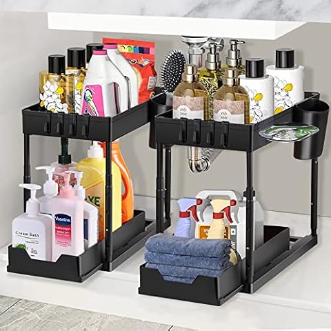 Eufrozy 2 Pack Sliding Under Sink Storage, 2 Tiers Cabinet Basket Multi-Purpose Organiser with 8 Hooks 2 Hang Cups 1 Soap Holder, Adjustable Height Drawer for Bathroom Kitchen Countertop, Black Cover