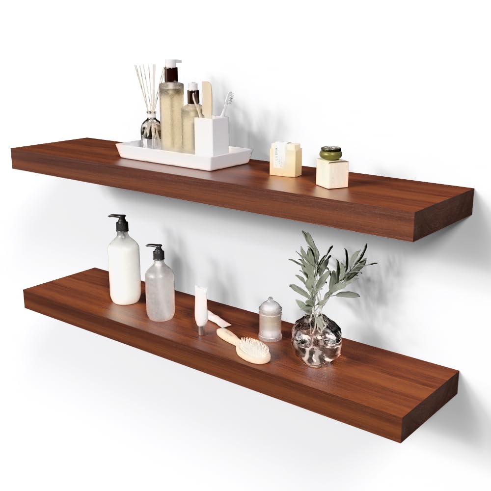 Habudda Floating Shelves, Bathroom Wall Shelf for Rustic Home Decor, Natural Wood, Invisible Bracket, 35.5 Inches, 2 Pack