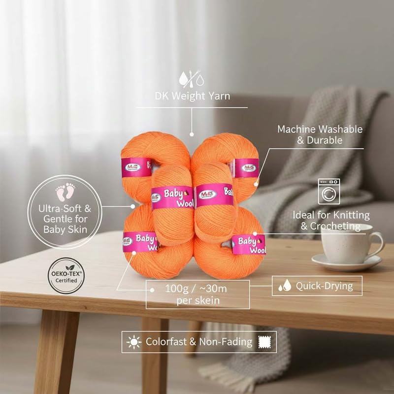 Image of M.G Enterprise Prime Baby Wool 100% Acrylic Yarn Orange 7 Pc 4 ply Ball Hand Knitting Wool /Art Craft Soft Fingering Crochet Hook Yarn- Art-HE