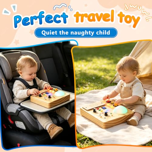 Image of Montessori Busy Board for Toddlers 1-3 Years Old, Wooden Sensory Board with LED Lights, Interactive Activity Toy with Switches, Travel Toy Gift for Boys Girls