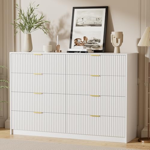 Image of Furniway White Dresser Bedroom Set 3 Pieces, Nightstands Sets of 2, 8 Drawer Dresser with Gold Handles for Bedroom