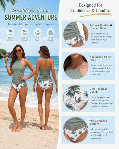 Image of Womens Two-Piece Tankini Set Cow Skull with Leopard Print Sets Swimwear Tankini Top Sets Swimwear