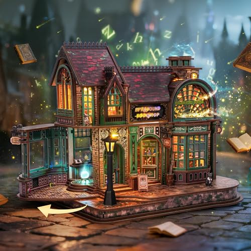 Image of FUNPOLA 3D Wooden Puzzle Magic Bookstore with LED Lights - DIY Miniature Kit, Spellbound Bookshop, Home Decor Display, Creative Gift for Adults and Teens