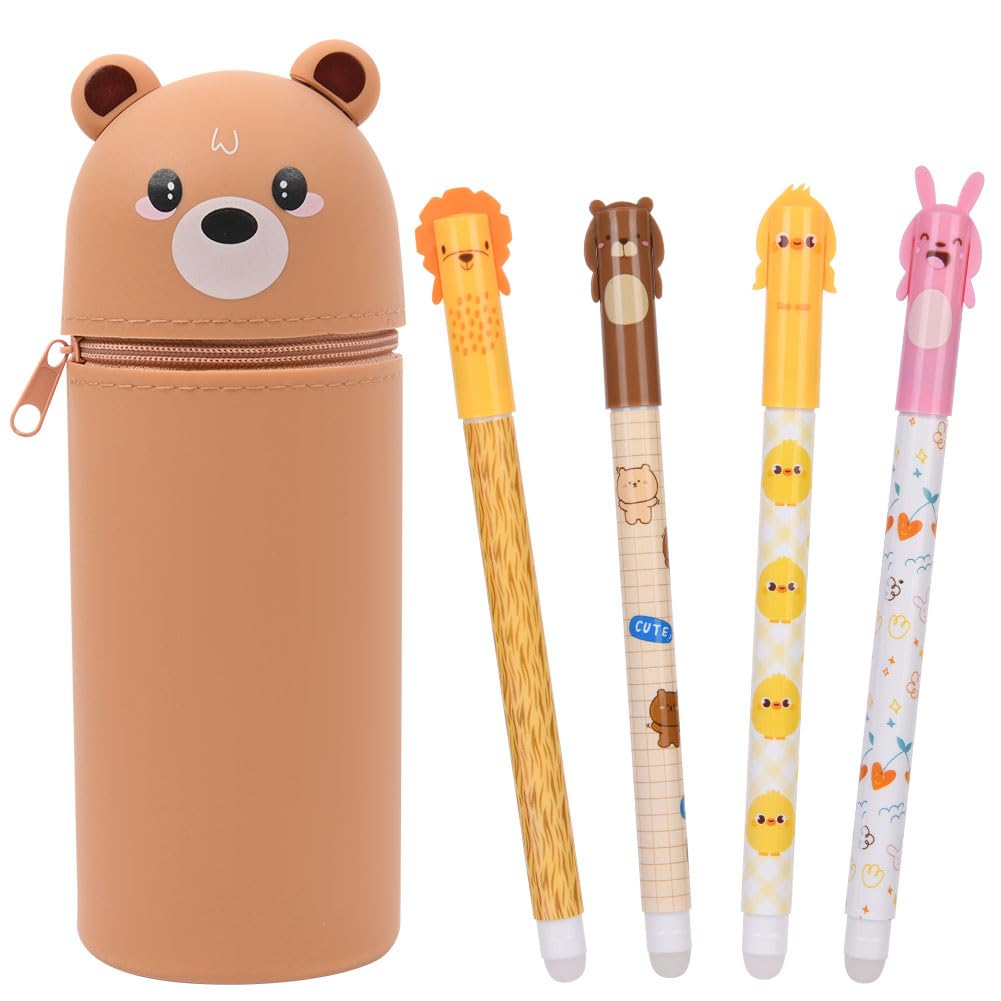 OFFCUP 2 in 1 Soft Silicone Pencil Case, Filled Pencil Case with 4pcs Erasable Gel Pens, Kawaii Bear Zipper Pen Holder, Pen Pouch for Office Home or School Back to School Children's Day Gifts