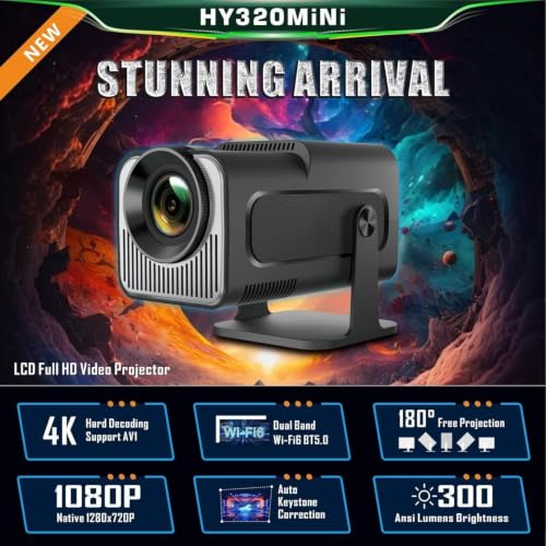 Image of Mini Projector with Wifi 6 and Bluetooth5.4, Portable Projector 4K Support, Android 14 Smart Proyector with 200ASIN & Auto Keystone, Alwtniet HY320 Mini Small Proyector for Bedroom, Movie, Outdoor for Kids and Adults.R2