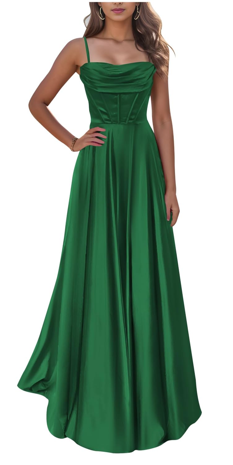 KURFACE Emerald Green Prom Dresses with Slit for Women Long Spaghetti Strap Cowl Neck Satin Bridesmaid Dress UK6