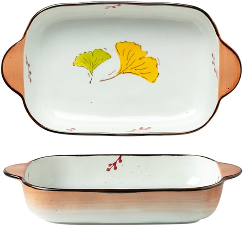Dxcaicc Lasagne Dish Ceramics 2PCS Retro Double-Handled Dots Oval Gold Edge Hand-Painted Gradient Color Unique Vegetable and Plant Pattern Baking Tray,Ginkgo Leaf,Small