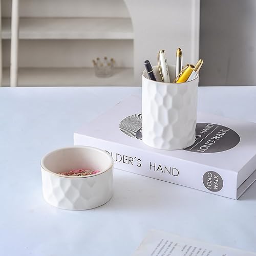 Miniatura 2 de Juego de 2 organizadores estéticos de escritorio para oficina, soporte de cerámica para bolígrafos y dispensador de clips de papel, lindo recipiente
