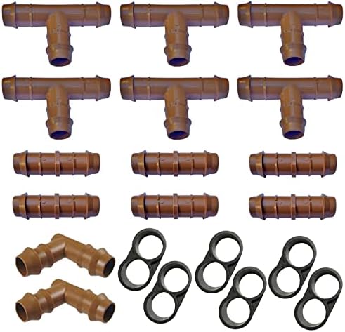 Habitech Irrigation Fittings Kit for 1/2" Tubing - 20 Piece Set - 6 Tees, 6 Couplings, 2 Elbows, 6 End Cap Plugs - Barbed Connectors for Rain Bird and Compatible Drip or Sprinkler Systems
