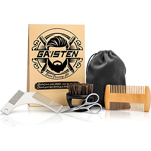 Beard Brush and Comb Set for Men, GAISTEN Beard Grooming Kit Mustache & Beard Care Set For Men - Beard Comb, Beard Shaper, Beard Brush, Beard Scissors