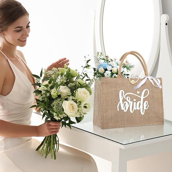 HENGBIRD Bride jutowa torba do noszenia na wesele, dla panny młodej, torebka z napisem Bride i białą wstążką, wstążka, wstążka, prezent na wieczór panieński, wieczór kawalerski, Team Bride JGA