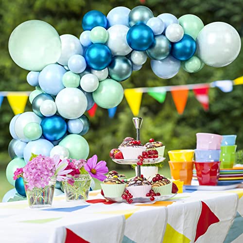 Image of 125pcs Blue Green Macaron Balloon and Metallic Blue Silver Balloon Garland Kit for Birthday Retirement Bridal Baby Shower Graduation Wedding Anniversary Party Decoration