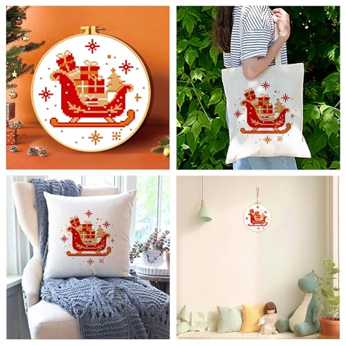 Image of Zhenqing Christmas Sleigh Gift Cross Stitch Kit with Hoop - 11CT Pre-Printed 24x24cm Fabric & Complete Tools for Beginners (68341)