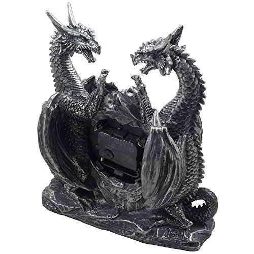 Mythical Dragon Duo Desk Clock in Metallic Look and Antique Face with Roman Numerals for Desktop, Shelf & Mantle As Gothic Medieval Decor Or Decorative Office Gifts - Image 5