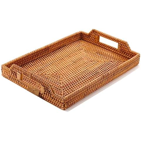 Hand-Woven Rattan Serving Tray with Handles for Breakfast, Drinks, Snack for Dining/Coffee Table (14.5 inch (37 cm), Rectangular) Cover