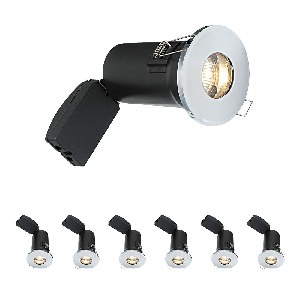 National Lighting Fire Rated Downlights, Chrome Bathroom/Shower Ceiling Lights, GU10 Halogen or LED, Dimmable Recessed Spotlights IP65 Rated - Pack of 6