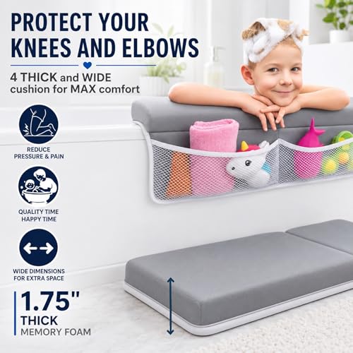 Image of Comfortable Baby Bath Kneeler and Elbow Rest Pad Set, Non-Slip Bathtub Kneeling Pad for Bathing Baby, Bath Tub Cushion Mat, Elbow Pads, Toy Organizer Storage Pockets, Strong Suction Cups