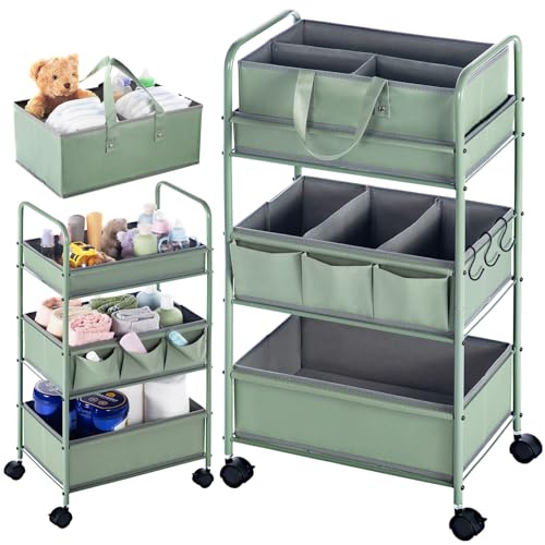 Image of Honeydak 2in1 Baby Diaper Caddy Organizer Cart 3 Tier Large Capacity Metal Utility Bedside Rolling Cart with Divider Newborn Registry Nursery Essential Must Have Crib Bedroom Baby Shower(Green)