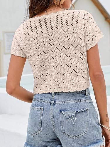 Image of Crochet Cardigans For Women Spring Summer Beach Short Sleeve Shrug Cropped Boho Lightweight Sweater Cover Up Tie Front Tops
