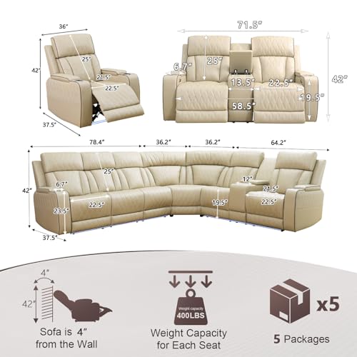 Image of Power Reclining Sectional Sofa Set with LED Light,L Shaped Sofa Leather Sectional Set with 5 Recliner Seats,Modular Couch and Loveseat with USB Port,Cup Holder for Living Room Furniture