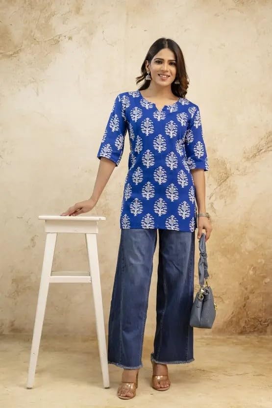 Image of Women's Short Kurti in Multicolor Rayon Cotton Blend | Ladies Ethnic Tunic | Office