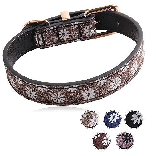 Eastlion Collier Chien Chat-Cuir Réglable Paillettes Fleurs,Boucle en métal,Bling Bling Collier Classique Dressage pour Petits Moyen Chiens/Chats(Marron,23-29CM) Cover