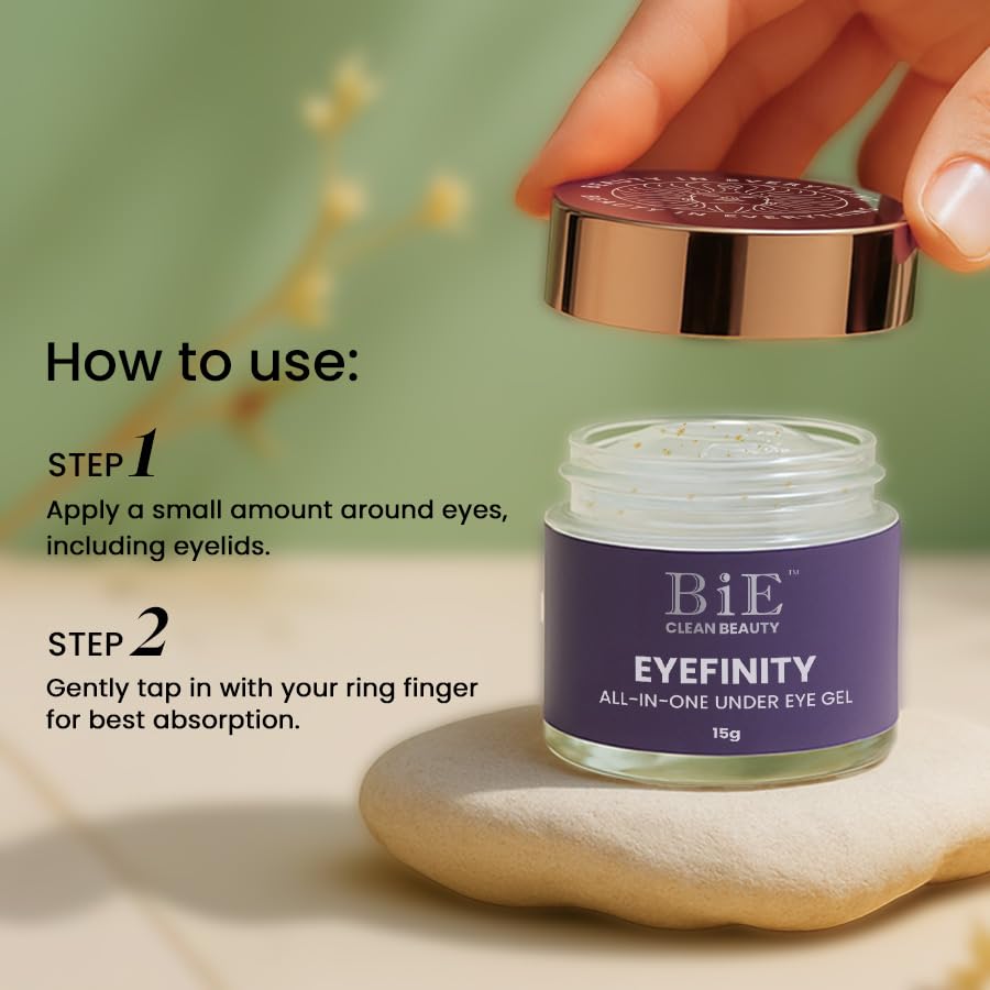 Image of BiE Eyefinity | All In One Eye Gel for Tired Eyes With Ginseng Stem Cells, Silver & Gold Leaf | Instantly Depuffs, Treats Under Eye Dark Circles & Wrinkles | For All Skin Types | Undereye Cooling Gel | Unisex | 15g