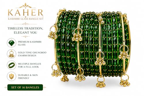 Image of Kaher Kashmiri Glass Bangle with gunghro Set for Women| Traditional, Fancy Glass Chudi Set for Festival, Wedding, and Party (Set Of 16)