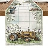 Tischläufer im Vintage-Traktor-Stil, rustikales Bauernhaus-Blumen-Design, für Frühlingsküche, Esszimmer, Dekoration, perfekt für Familienfeiern und Feiertage, 33 x 228 cm