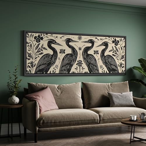 Image of MUDECOR Large Framed Canvas Print Wall Art Folk Art Heron Birds Floral Black and Cream Antique Retro Ready to Hang Painting for Living Room Bedroom Multi-Sizes - 60 inchx20 inch