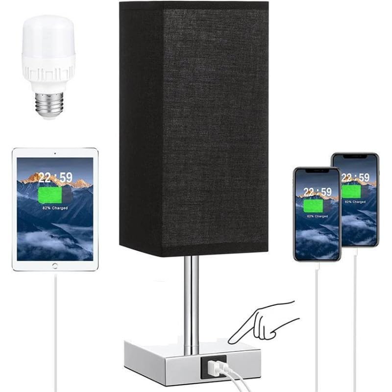 DEENZ Touch Lamps with USB & Type C Port Nightstand Lamp Charge Ports 3 Way Dimmable Bedside Silver (Square Base) Lamp with Fabric Shade Small Table Lamp for Bedroom Living Room Bulb Included (Black)
