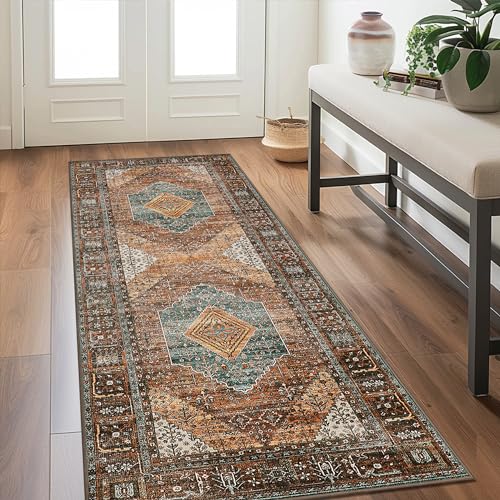 GENIMO Runner Rug 2x10,Hallway Runner Rug Non Slip, Machine Washable Low Pile Lightweight Retro Carpet for Living Room, Entryway, Bedroom, Kitchen and Passage, Brick RED