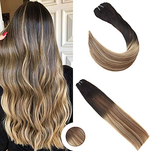 Ugeat 20inch Double Weft Human Hair Weaving Brazilian Real Human Hair Bundles Off Black Fading to Medium Brown and Golden Blonde Ombre Balayage Color 100Gram One Bundle