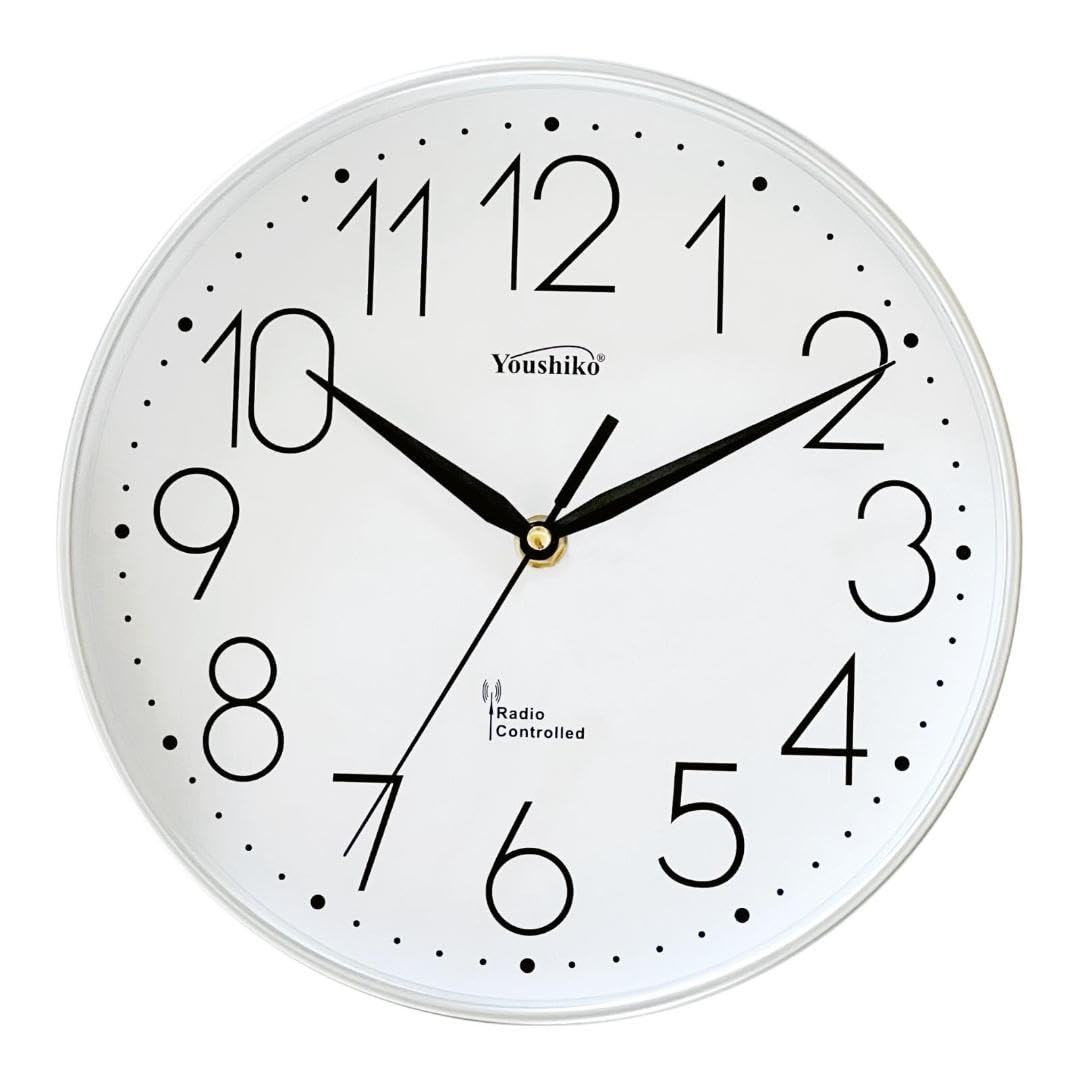Youshiko Radio Controlled Wall Clock (Official UK & Ireland Version), Stylish Black & White Bold Classic Design (25cm / 10-Inch Diameter), Home/Kitchen/Office/School Clock, Easy to Read (Silver)