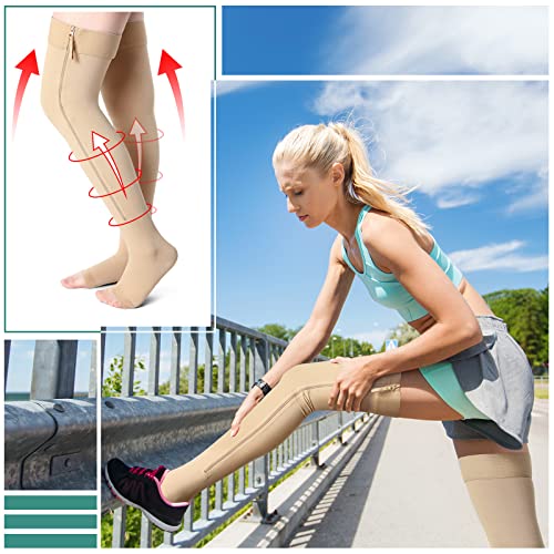 Image of 2 Pairs Open Toe Thigh High Zipper Compression Socks 20-30 Mmhg Zipper Compression Stockings Thigh High for Women Men