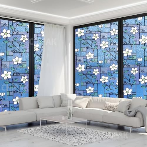 Image of CHIPAK Premium Vinyl Privacy Stained Window Glass Film (16x96 Inch) - Self-Adhesive Decorative Sticker Opaque Sheet Tint Wallpaper for Glass Cover Window, Door, Office, Home.| Anti-UV. Mystic Blue