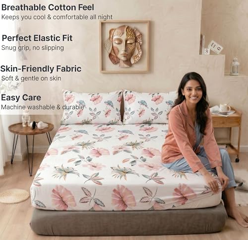 Image of VAS COLLECTIONS Cloud Cotton Corner Elastic Fitted Double Bedsheet Set (78 x 72 + 8 Inches) with 2 Pillow Covers | 160-180 TC Soft Breathable Cotton Fitted Sheet | Bed Sheet (Rose Petal Garden)