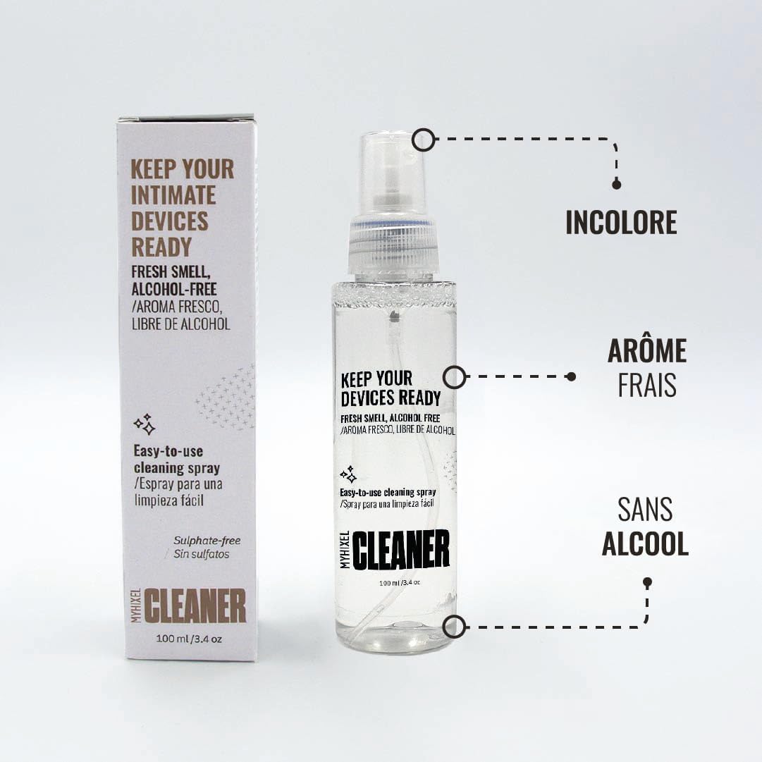 MYHIXEL Spray Pulente senza Alcol, 100 ml – Disinfettante per Sex Toys, Detergente Igienizzante per Dispositivi Intimi, Sicuro, Delicato, Prodotto in Spagna, Compatibile con Tutti i Materiali
