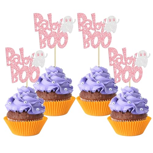 24Pcs Halloween Baby Boo Cupcake Toppers Pink Glitter Spooky Little Boo Ghost Cupcake Picks for Halloween Theme Baby Shower Kids Boys Girls Birthday Party Cake Decorations Supplies