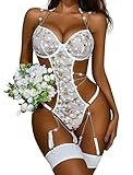 【Dessous mit Blumenstickerei】 Die exquisite Blumenstickerei und die Kettendetails verleihen dieser Teddy-Dessous einen einzigartigen und unwiderstehlichen Look, der die Blicke Ihres Liebhabers auf sich ziehen wird. Der Spitzen-Body kann auch mit Jeans/Mantel zum Ausgehen getragen werden