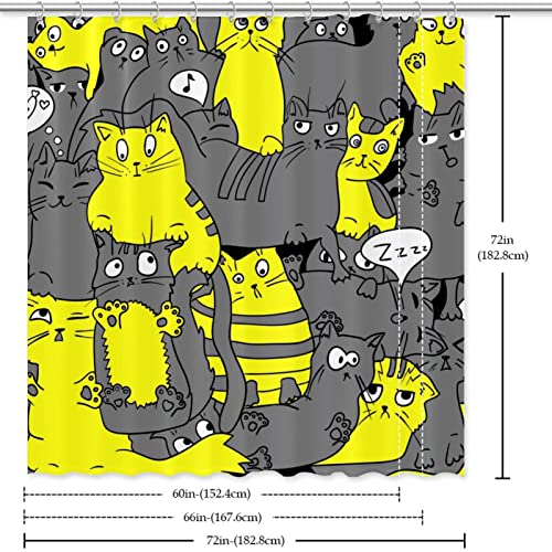 Rideau de douche chat anti moisissure jaune gris avec crochets robustes
