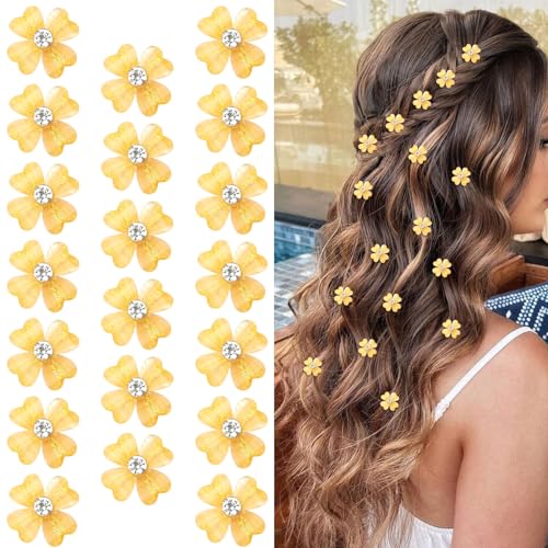 Wecoe 20 Pcs Small Yellow Flower Hair Accessories - Tiny Mini Decorative Bling Four Petals Clips for Women, and Weddings