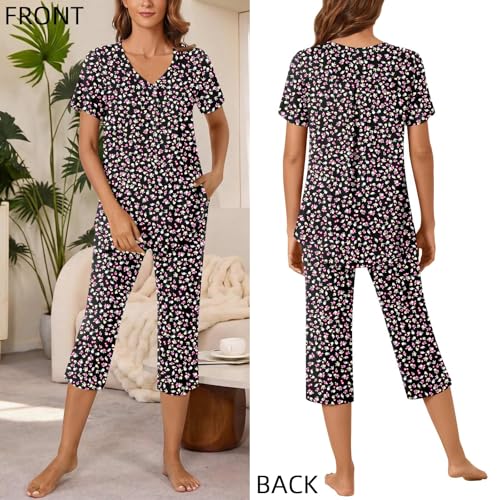 Image of Bestbee Women's Pajama Sets 2 Piece Lounge Outfits Summer Sleepwear V Neck Short Sleeve Capri Pant With Pockets Ladies Pjs
