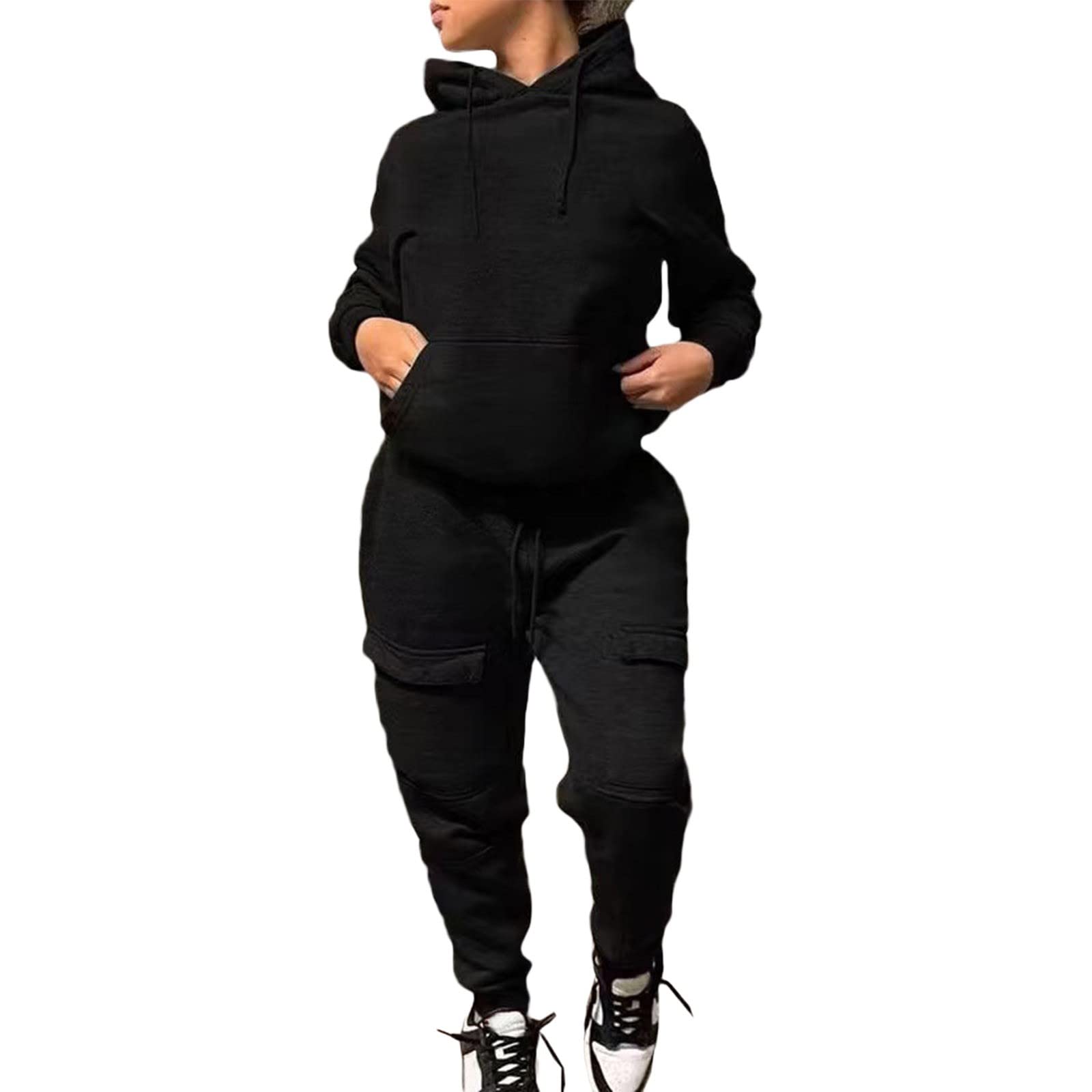 sumensumen Hoodie And Sweatpants Set For Women,Sweatsuit with Pockets-2023 Fall Fashion Casual Tacksuit Matching Sets Black,Large