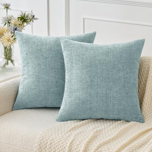 Image of MIULEE Pack of 2 Light Blue Throw Pillow Covers 18x18 Inch Soft Chenille Pillow Covers for Sofa Living Room Spring Home Decor Couch Solid Dyed Cases
