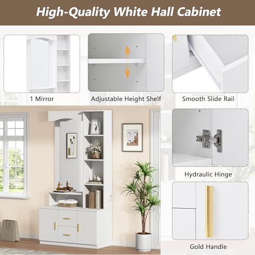 Fppuueg Juego de Perchero 90x40x180 cm Conjunto de Perchero Entrada Recibidor con Espejo y Estante, Perchero de Pasillo con 2 Cajones y Almacenamiento, Mueble de Entrada Multifuncional, Blanco - imagen 5