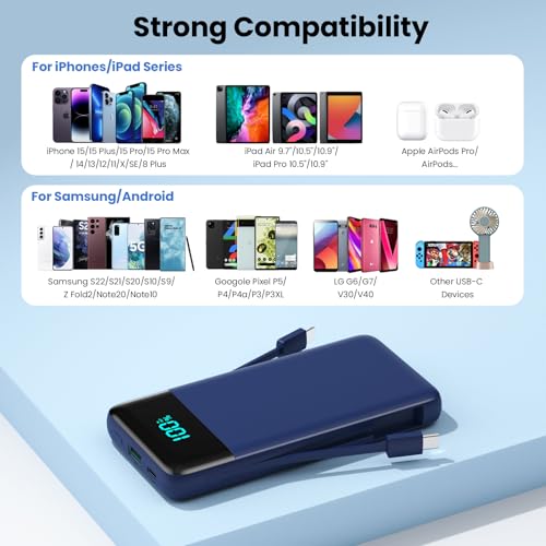 Image of Portable Charger for iPhone,13800mAh Slim Power Bank with Built-in Cables & AC Wall Plug,All in One 4 Outputs USB C Fast Charging Battery Pack Travel Essential for iPhone 17 /16 /15 /14,Android (Blue)